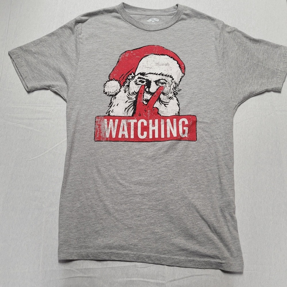 Men's Holiday Time Santa's Watching Grey T-shirt Size Small (34-36)